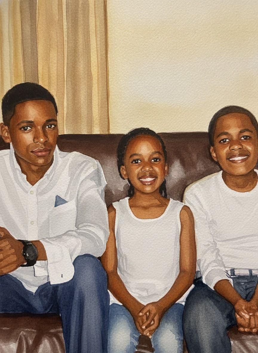 The same three children, generated as a watercolour
