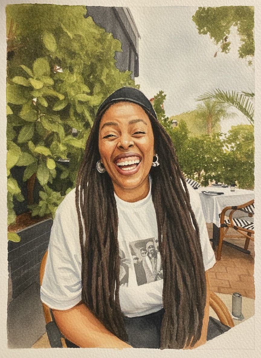 The same laughing woman, generated as a watercolour