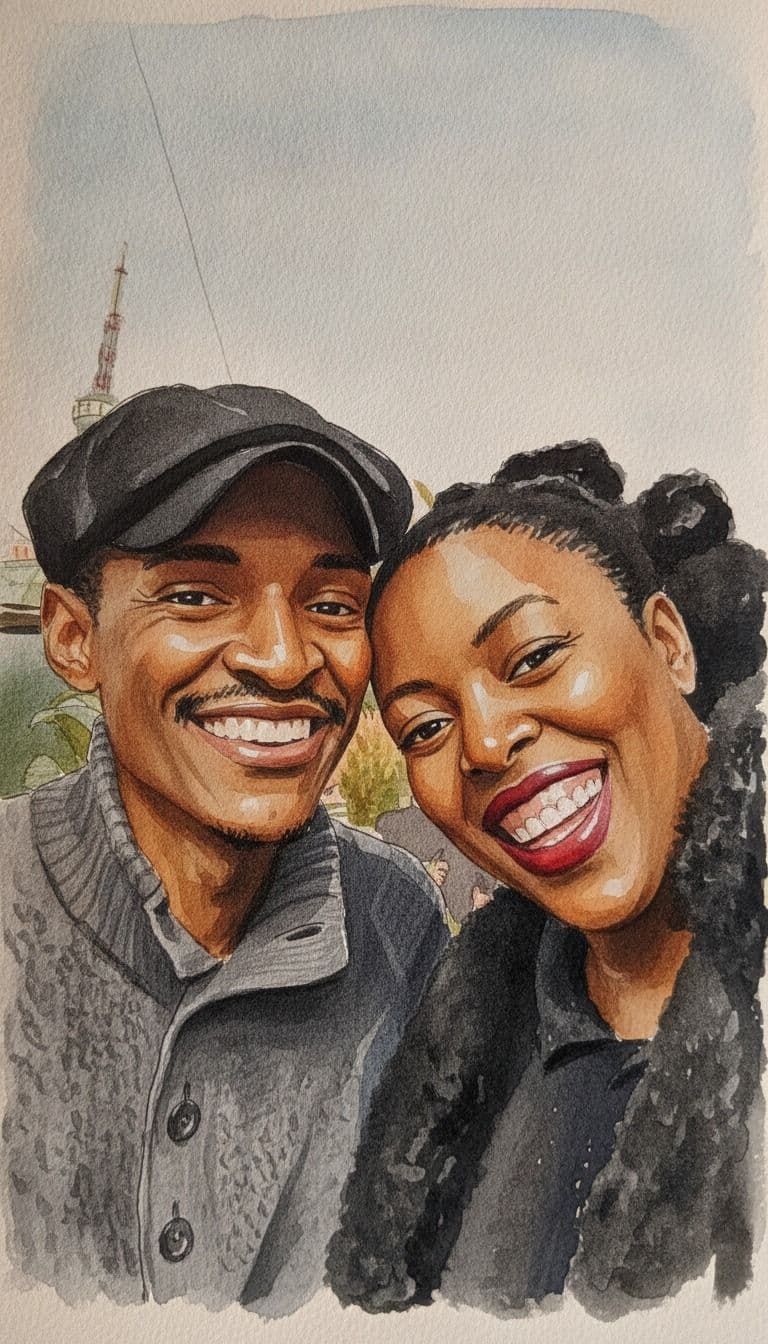 The same couple, generated as a watercolour