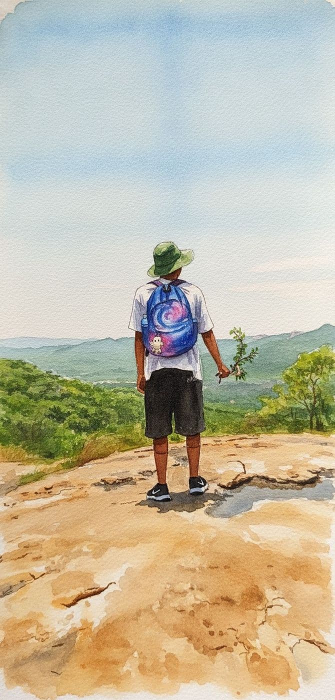 The same hiker, generated as a watercolour